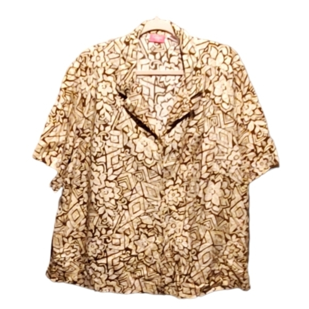 Floral Geo Print Button-Down Top in Cream and Brown